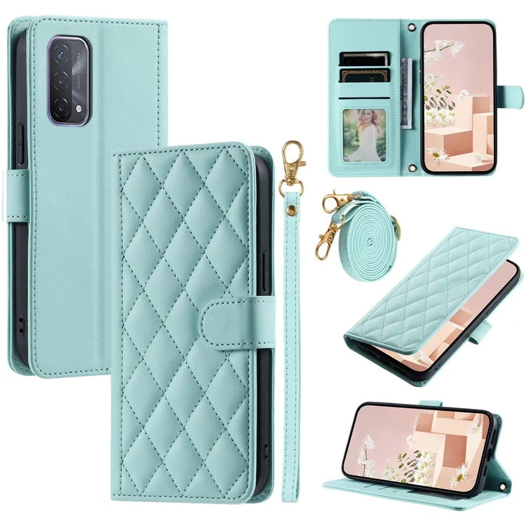 For Oppo A93 5G / A93s 5G / A74 5G / A54 5G Case with Crossbody Lanyard PU Leather Rhombus Grid Stand Phone Cover