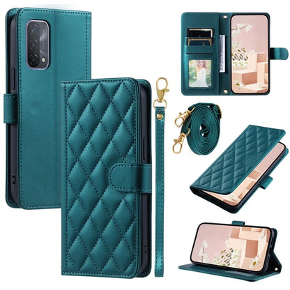 For Oppo A93 5G / A93s 5G / A74 5G / A54 5G Case with Crossbody Lanyard PU Leather Rhombus Grid Stand Phone Cover