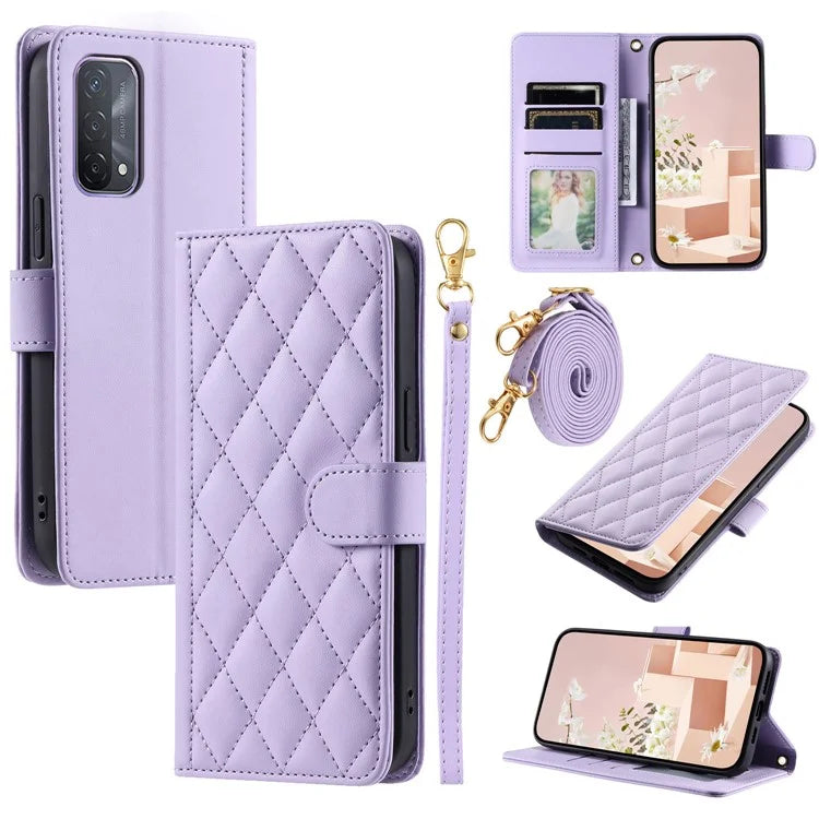 For Oppo A93 5G / A93s 5G / A74 5G / A54 5G Case with Crossbody Lanyard PU Leather Rhombus Grid Stand Phone Cover