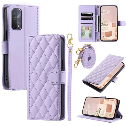 For Oppo A93 5G / A93s 5G / A74 5G / A54 5G Case with Crossbody Lanyard PU Leather Rhombus Grid Stand Phone Cover