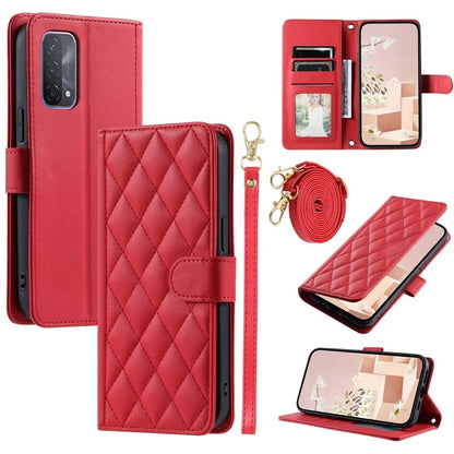 For Oppo A93 5G / A93s 5G / A74 5G / A54 5G Case with Crossbody Lanyard PU Leather Rhombus Grid Stand Phone Cover