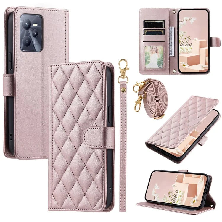 For Realme C35 4G Case Rhombus Grid PU Leather Shockproof Phone Cover with Straps
