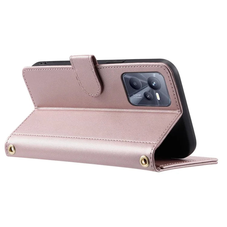For Realme C35 4G Case Rhombus Grid PU Leather Shockproof Phone Cover with Straps