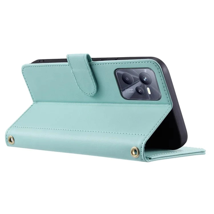 For Realme C35 4G Case Rhombus Grid PU Leather Shockproof Phone Cover with Straps