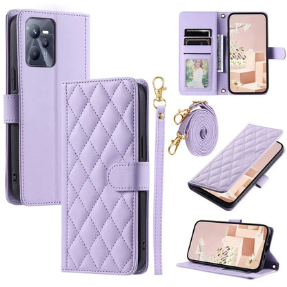 For Realme C35 4G Case Rhombus Grid PU Leather Shockproof Phone Cover with Straps