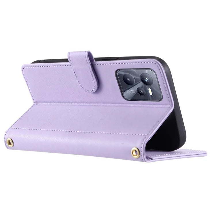 For Realme C35 4G Case Rhombus Grid PU Leather Shockproof Phone Cover with Straps