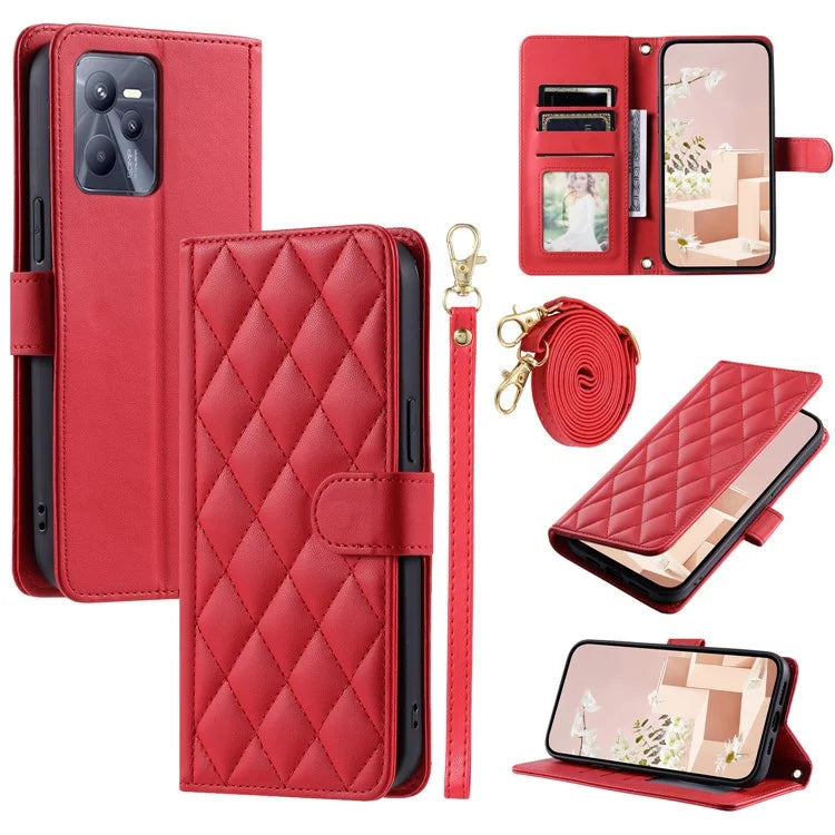 For Realme C35 4G Case Rhombus Grid PU Leather Shockproof Phone Cover with Straps