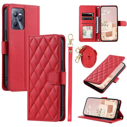 For Realme C35 4G Case Rhombus Grid PU Leather Shockproof Phone Cover with Straps