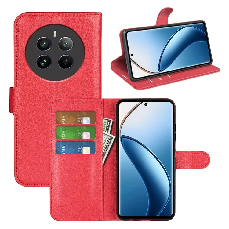 For Realme 12+ 5G Case Litchi Texture PU Leather Folio Flip Wallet Phone Cover
