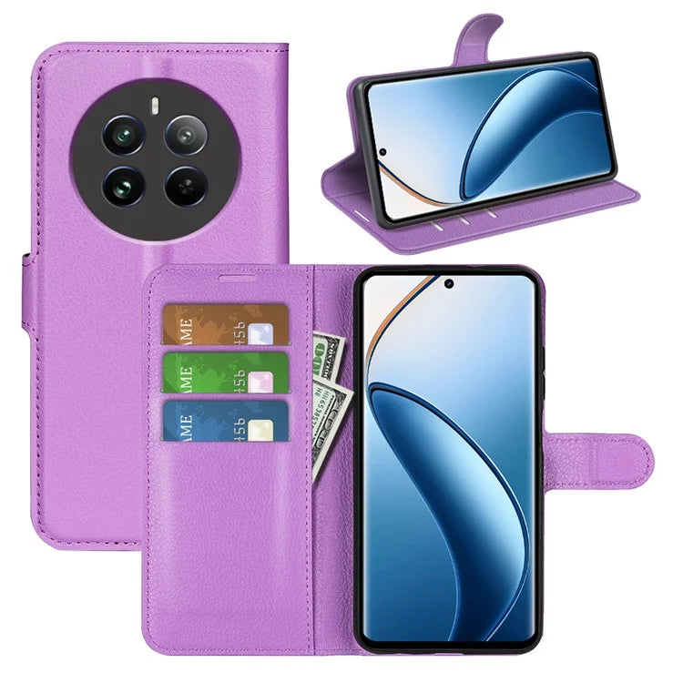 For Realme 12+ 5G Case Litchi Texture PU Leather Folio Flip Wallet Phone Cover