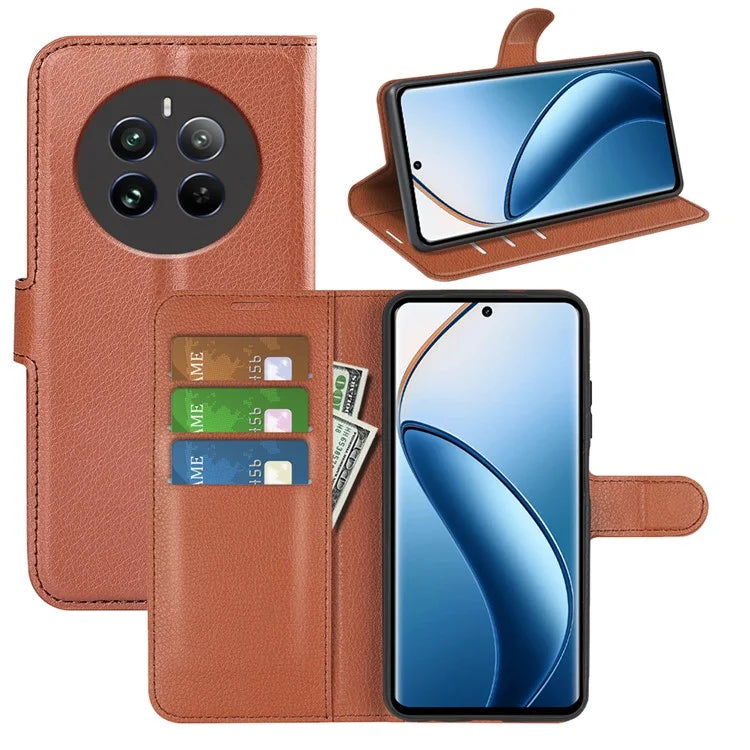 For Realme 12+ 5G Case Litchi Texture PU Leather Folio Flip Wallet Phone Cover