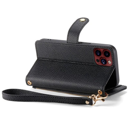 For iPhone 15 Pro Max Leather Case RFID Blocking Zipper Wallet Phone Cover