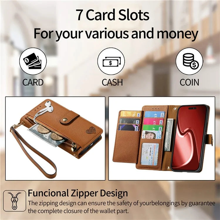 For iPhone 15 Pro Max Leather Case RFID Blocking Zipper Wallet Phone Cover