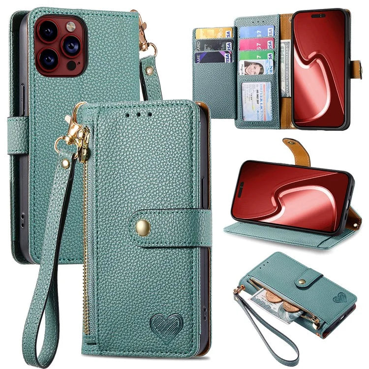 For iPhone 15 Pro Max Leather Case RFID Blocking Zipper Wallet Phone Cover