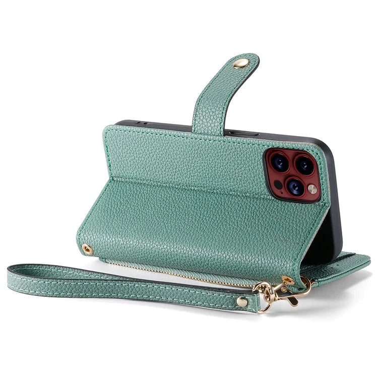 For iPhone 15 Pro Max Leather Case RFID Blocking Zipper Wallet Phone Cover