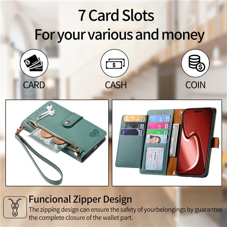 For iPhone 15 Pro Max Leather Case RFID Blocking Zipper Wallet Phone Cover