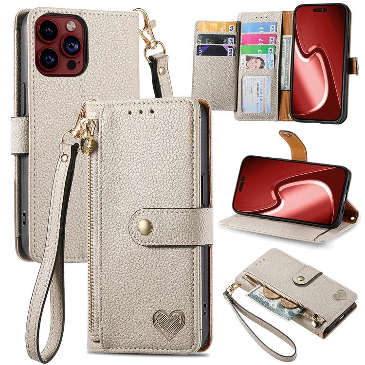 For iPhone 15 Pro Max Leather Case RFID Blocking Zipper Wallet Phone Cover