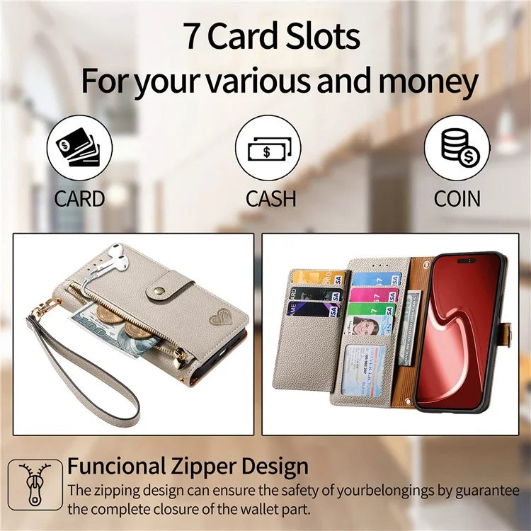 For iPhone 15 Pro Max Leather Case RFID Blocking Zipper Wallet Phone Cover