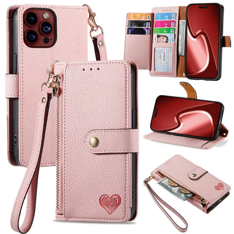 For iPhone 15 Pro Max Leather Case RFID Blocking Zipper Wallet Phone Cover