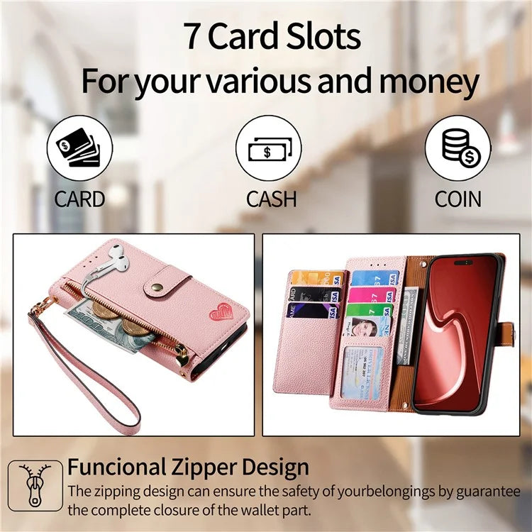 For iPhone 15 Pro Max Leather Case RFID Blocking Zipper Wallet Phone Cover