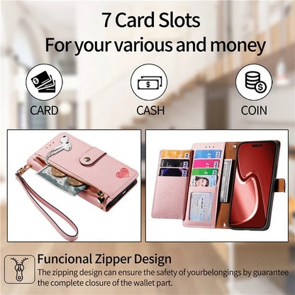 For iPhone 15 Pro Max Leather Case RFID Blocking Zipper Wallet Phone Cover