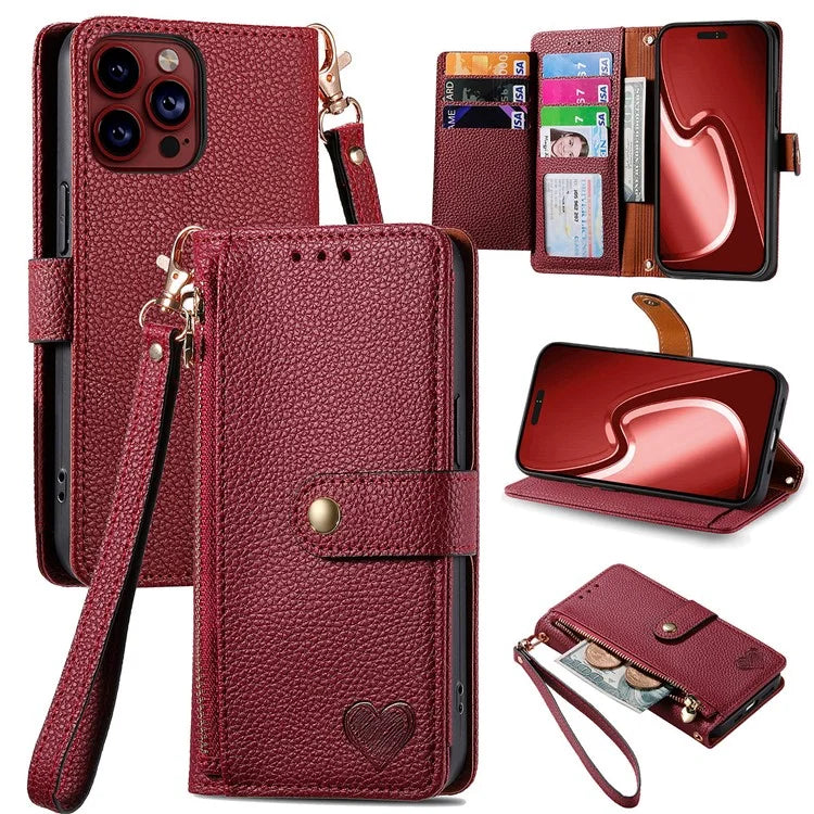 For iPhone 15 Pro Max Leather Case RFID Blocking Zipper Wallet Phone Cover