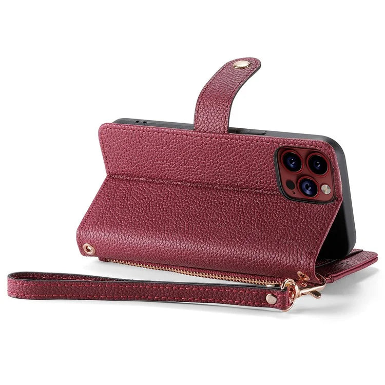For iPhone 15 Pro Max Leather Case RFID Blocking Zipper Wallet Phone Cover