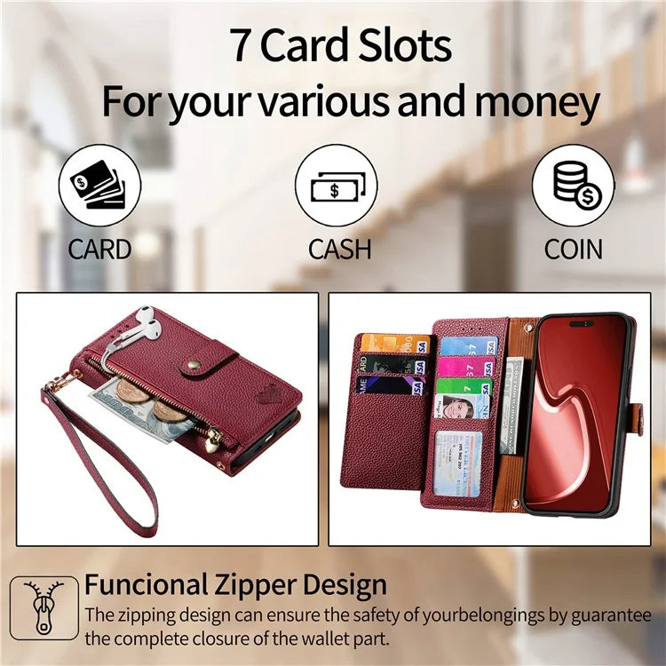 For iPhone 15 Pro Max Leather Case RFID Blocking Zipper Wallet Phone Cover