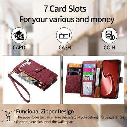 For iPhone 15 Pro Max Leather Case RFID Blocking Zipper Wallet Phone Cover