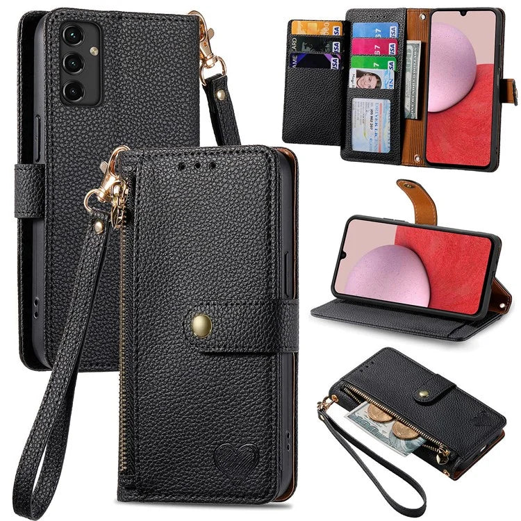 For Samsung Galaxy A14 5G / 4G Case RFID Blocking Leather Stand Cover with Zipper Wallet