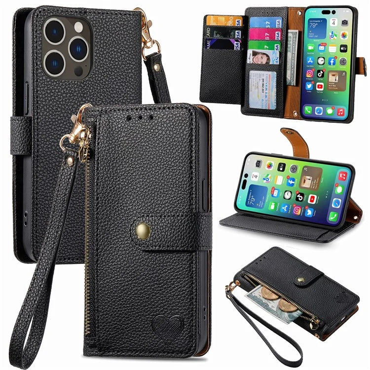 For iPhone 14 Pro Max Case Zipper Wallet Phone Leather Cover Heart Shape Imprinted
