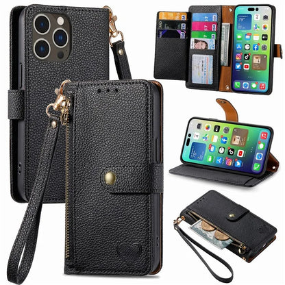 For iPhone 14 Pro Max Case Zipper Wallet Phone Leather Cover Heart Shape Imprinted