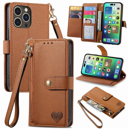 For iPhone 14 Pro Max Case Zipper Wallet Phone Leather Cover Heart Shape Imprinted