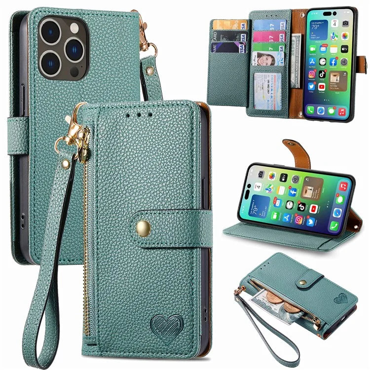 For iPhone 14 Pro Max Case Zipper Wallet Phone Leather Cover Heart Shape Imprinted