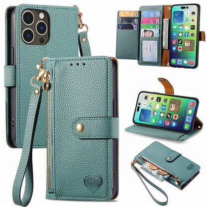 For iPhone 14 Pro Max Case Zipper Wallet Phone Leather Cover Heart Shape Imprinted