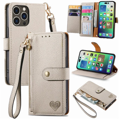 For iPhone 14 Pro Max Case Zipper Wallet Phone Leather Cover Heart Shape Imprinted