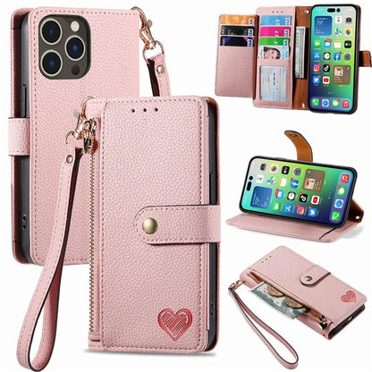 For iPhone 14 Pro Max Case Zipper Wallet Phone Leather Cover Heart Shape Imprinted