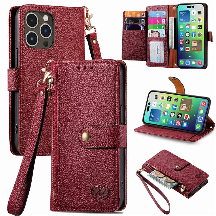 For iPhone 14 Pro Max Case Zipper Wallet Phone Leather Cover Heart Shape Imprinted