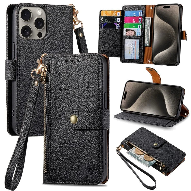 For iPhone 15 Pro Wallet Case RFID Blocking Zipper Pocket Phone Leather Cover