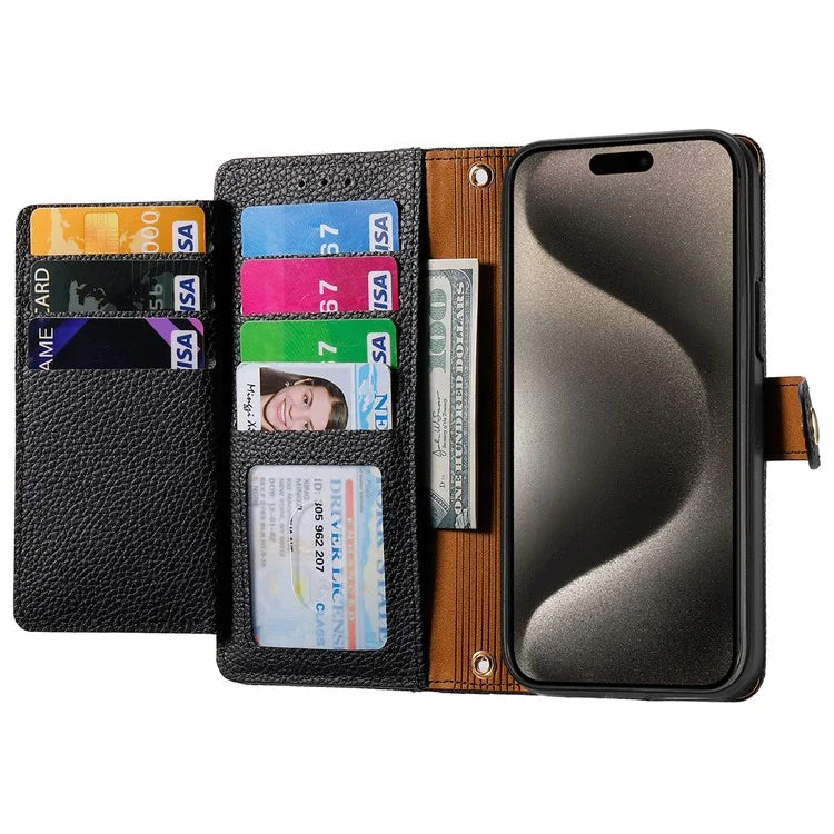 For iPhone 15 Pro Wallet Case RFID Blocking Zipper Pocket Phone Leather Cover