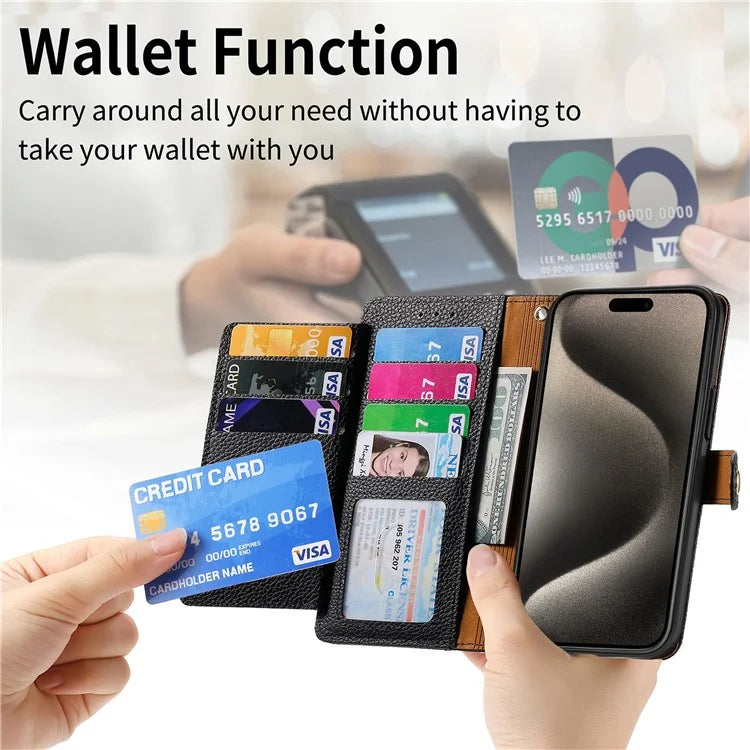 For iPhone 15 Pro Wallet Case RFID Blocking Zipper Pocket Phone Leather Cover