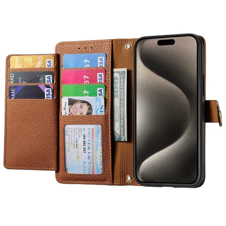 For iPhone 15 Pro Wallet Case RFID Blocking Zipper Pocket Phone Leather Cover