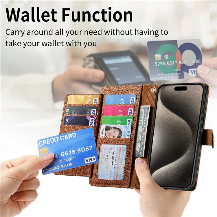 For iPhone 15 Pro Wallet Case RFID Blocking Zipper Pocket Phone Leather Cover