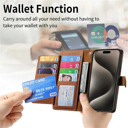 For iPhone 15 Pro Wallet Case RFID Blocking Zipper Pocket Phone Leather Cover