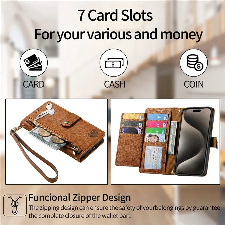 For iPhone 15 Pro Wallet Case RFID Blocking Zipper Pocket Phone Leather Cover
