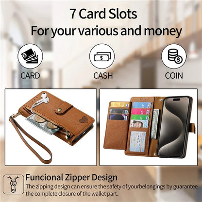 For iPhone 15 Pro Wallet Case RFID Blocking Zipper Pocket Phone Leather Cover