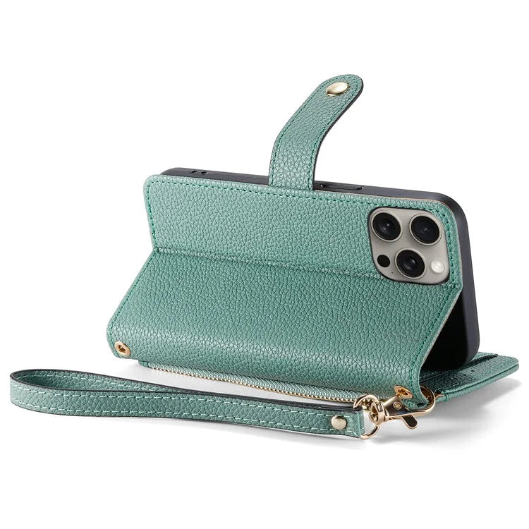 For iPhone 15 Pro Wallet Case RFID Blocking Zipper Pocket Phone Leather Cover