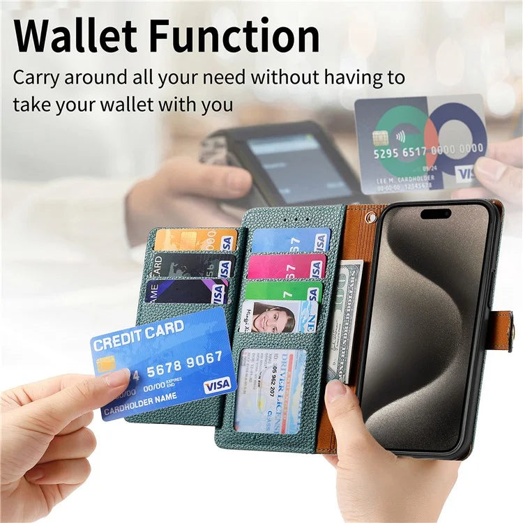 For iPhone 15 Pro Wallet Case RFID Blocking Zipper Pocket Phone Leather Cover