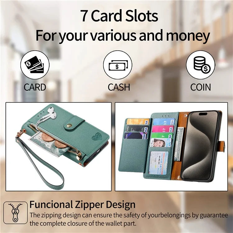 For iPhone 15 Pro Wallet Case RFID Blocking Zipper Pocket Phone Leather Cover