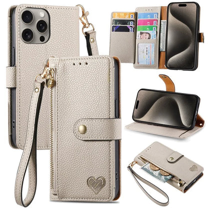 For iPhone 15 Pro Wallet Case RFID Blocking Zipper Pocket Phone Leather Cover